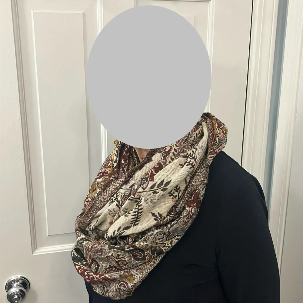 Raj Infinity Scarf Boho Brown Tan Maroon black paisley pattern reversable knit
